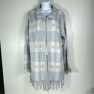 Adrienne Vittadini plaid knit cardigan with a fringe hem